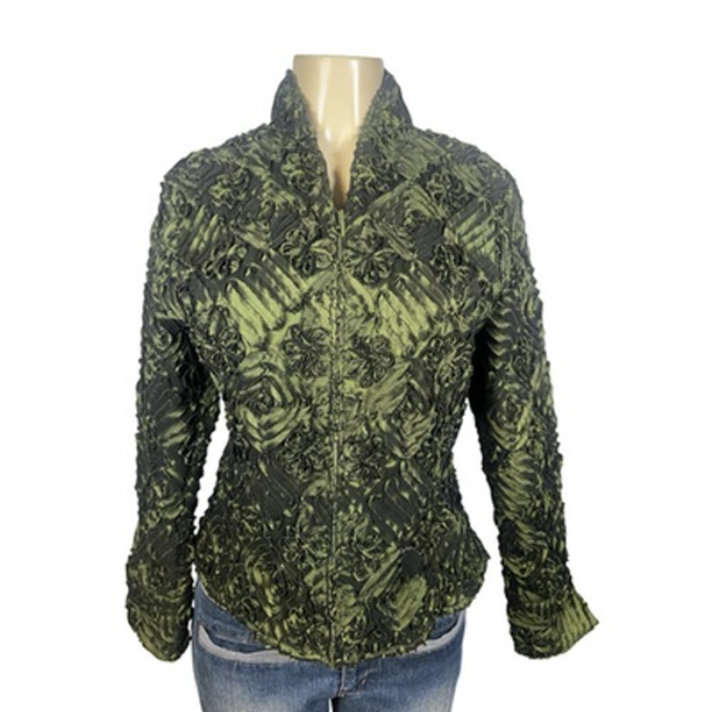 Samuel Dong Jacket Womens Medium Green Floral Taffeta Zip Front Stretch‎ 3D